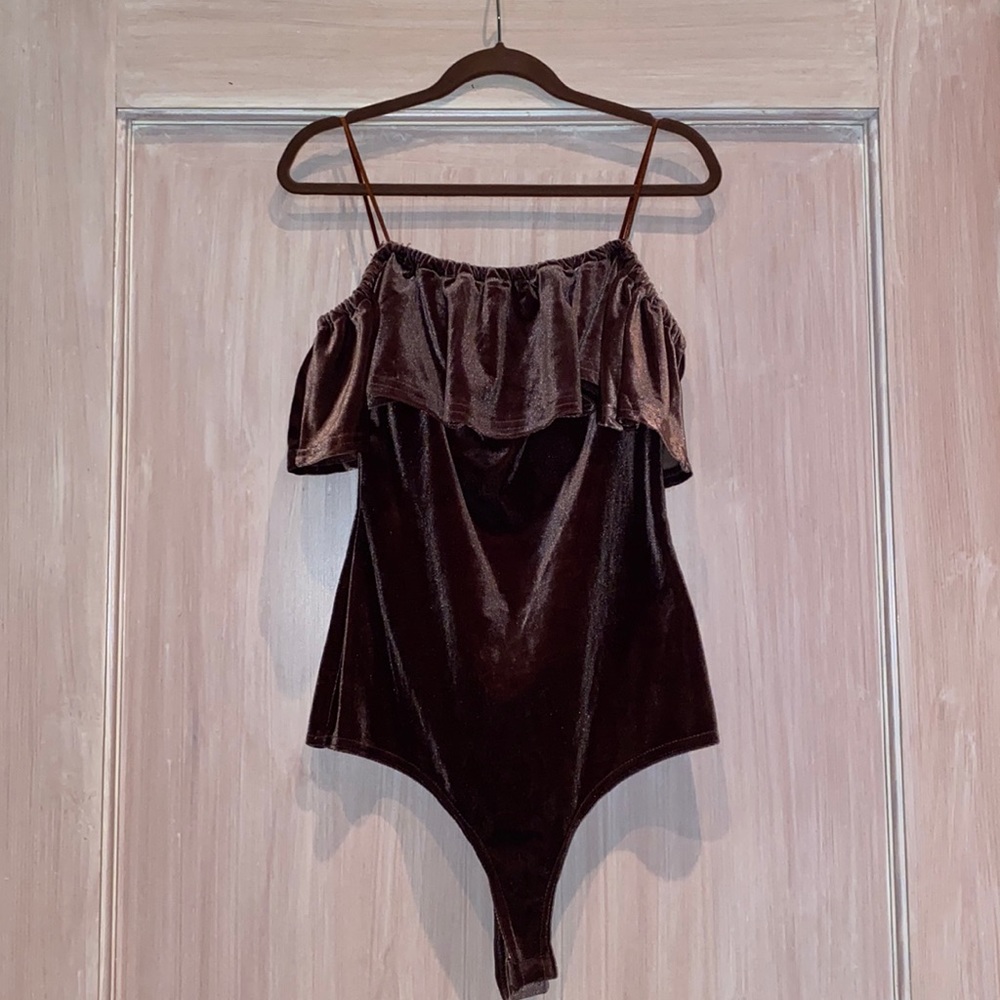 Cotton Candy LA Velvet Off Shoulder Frill Bodysuit